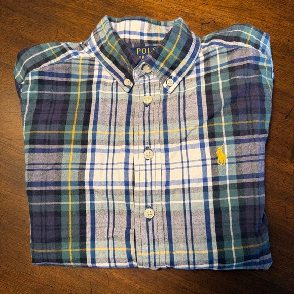 Polo Ralph Lauren Other - Polo Ralph Lauren Boys Green Blue Plaid Brushed Cotton Button Down M 10-12
